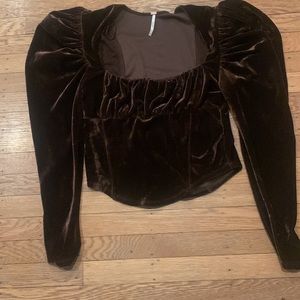 Free People Brown Velvet Long Sleeve top with shoulder padding size medium